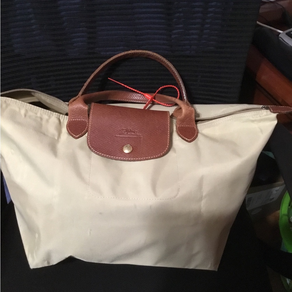 Longchamp Canvas Tote Bag with Brown Leather Trim - Cream